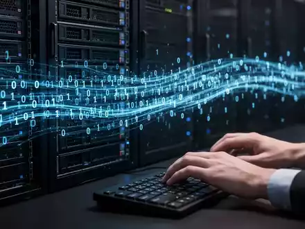 Ein leuchtend blauer Binärcode-Strom fließt über einen Server-Rack und Hände, die auf einer Tastatur tippen, symbolisiert KI-Coding-Tools. - Foto: über boerse-global.de