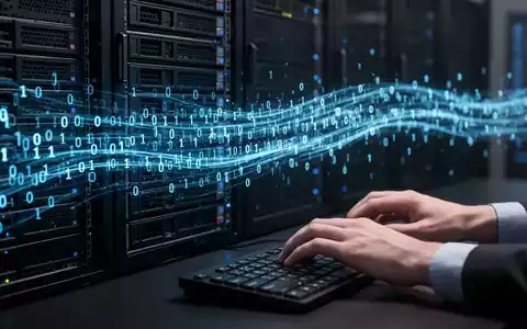 Ein leuchtend blauer Binärcode-Strom fließt über einen Server-Rack und Hände, die auf einer Tastatur tippen, symbolisiert KI-Coding-Tools. - Foto: über boerse-global.de