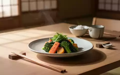 Eine ruhige japanische Essensszene mit einer kleinen Portion gesundem Essen auf einem Teller, die achtsames Essen symbolisiert. - Foto: über boerse-global.de