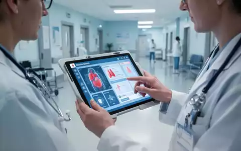 Eine medizinische Fachkraft betrachtet eine Tablet-App, die digitale Gesundheitsanwendungen (DiGA) symbolisiert, in einer modernen Klinik. - Foto: über boerse-global.de