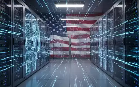 Stilisierter Serverraum mit leuchtend blauen Datenströmen, die fortschrittliche KI-Technologie darstellen. Dezente amerikanische Flagge im Hintergrund. - Foto: über boerse-global.de
