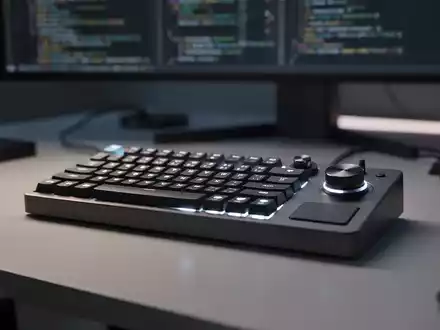Nahaufnahme eines programmierbaren Makro-Pads mit Tasten, Drehregler und kleinem Joystick auf einem Schreibtisch. - Foto: über boerse-global.de
