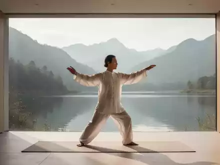Eine Person praktiziert Tai Chi oder Qigong in einer ruhigen Umgebung, umgeben von Natur oder minimalistischer Architektur, bei Sonnenuntergang. - Foto: über boerse-global.de