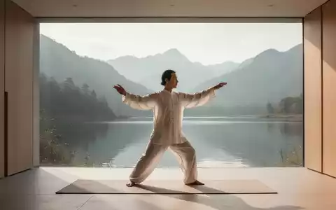 Eine Person praktiziert Tai Chi oder Qigong in einer ruhigen Umgebung, umgeben von Natur oder minimalistischer Architektur, bei Sonnenuntergang. - Foto: über boerse-global.de