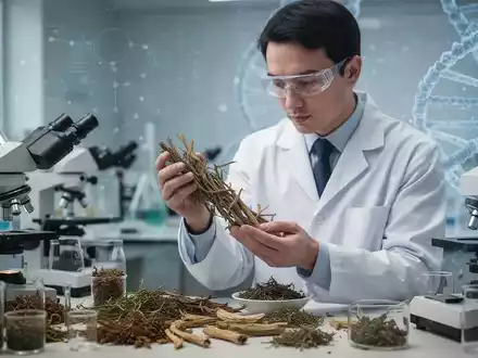 Ein Forscher in einem Laborkittel untersucht traditionelle chinesische Heilkräuter mit wissenschaftlichen Geräten im Hintergrund. - Foto: über boerse-global.de