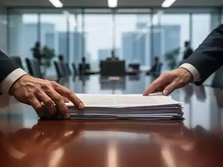 Hände eines Managers auf einem Konferenztisch, der Dokumente schiebt, um eine Diskussion über Arbeitszeitmodelle darzustellen. - Foto: über boerse-global.de