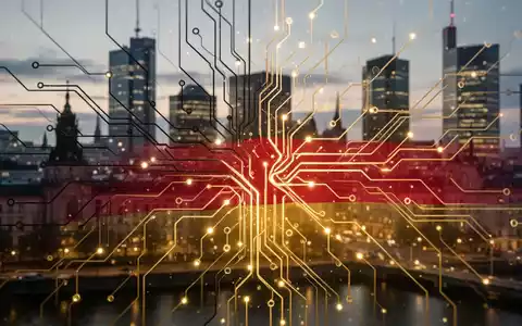 Stilisierte KI-Netzwerke in Deutschlandfarben, verschwommene europäische Stadtsilhouette im Hintergrund. - Foto: über boerse-global.de