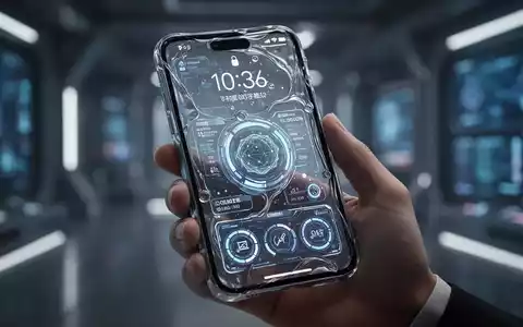 Eine Hand hält ein Smartphone mit futuristischem, transparentem 'Flüssigglas'-Sperrbildschirm, der anpassbare Widgets und dynamische Elemente zeigt. - Foto: über boerse-global.de