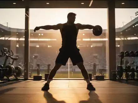 Eine Silhouette eines athletischen Mannes, der an einen Diskuswerfer erinnert, vor einem verschwommenen Hintergrund eines Fitnessstudios bei Sonnenuntergang. - Foto: über boerse-global.de