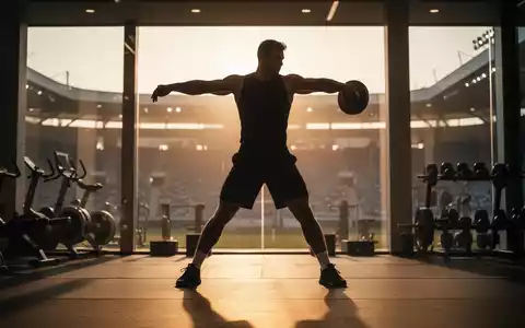 Eine Silhouette eines athletischen Mannes, der an einen Diskuswerfer erinnert, vor einem verschwommenen Hintergrund eines Fitnessstudios bei Sonnenuntergang. - Foto: über boerse-global.de
