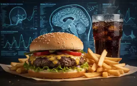 Ein ungesundes Fast-Food-Menü mit Burger, Pommes und Limonade, im Hintergrund verschwommene wissenschaftliche Daten oder ein Gehirnscan. - Foto: über boerse-global.de