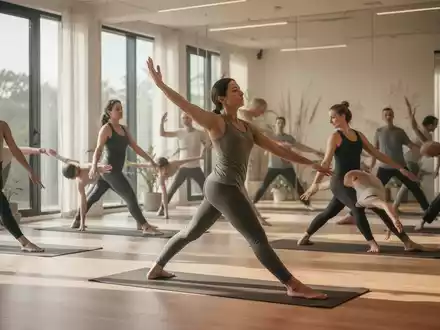 Eine Gruppe von Menschen praktiziert Feldenkrais und Yoga in einem hellen, modernen Raum, der Ruhe und Achtsamkeit ausstrahlt. - Foto: über boerse-global.de