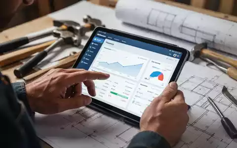 Hände eines Handwerkers, die ein Tablet mit Buchhaltungssoftware bedienen, im Hintergrund verschwommen Werkzeuge und Baupläne. - Foto: über boerse-global.de
