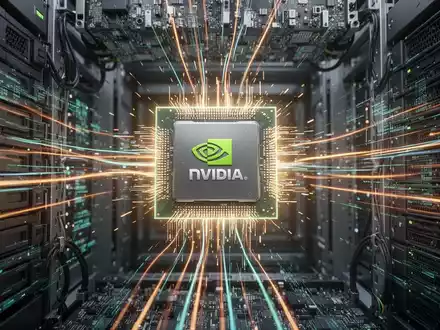 Nahaufnahme eines stilisierten, leuchtenden NVIDIA-GPU-Chips in einem High-Tech-Serverrack mit abstrakten Lichtspuren als Datenfluss. - Foto: über boerse-global.de