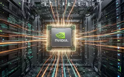 Nahaufnahme eines stilisierten, leuchtenden NVIDIA-GPU-Chips in einem High-Tech-Serverrack mit abstrakten Lichtspuren als Datenfluss. - Foto: über boerse-global.de