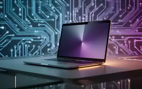 Schlankes, modernes Laptop wie ein Apple MacBook Pro auf einem minimalistischen Schreibtisch mit abstrakten Leiterplattenmustern im Hintergrund. - Foto: über boerse-global.de