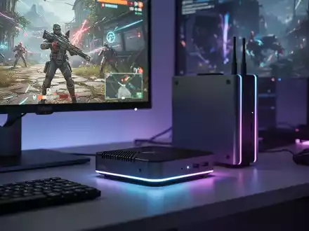 Schlanker, kompakter Mini-PC mit leuchtendem Licht neben einem Monitor mit lebendigem Videospiel. High-Tech-Ästhetik. - Foto: über boerse-global.de