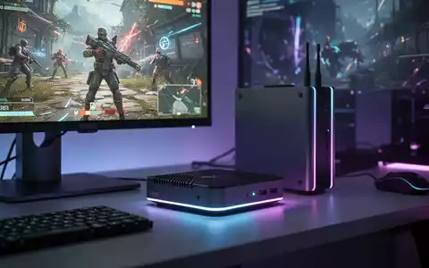 Schlanker, kompakter Mini-PC mit leuchtendem Licht neben einem Monitor mit lebendigem Videospiel. High-Tech-Ästhetik. - Foto: über boerse-global.de