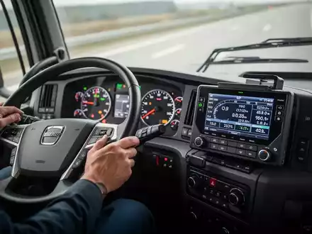 Ein modernes Lkw-Armaturenbrett mit einem digitalen Tachographen, der Daten anzeigt, und Händen am Lenkrad. - Foto: über boerse-global.de
