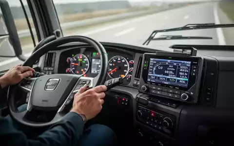 Ein modernes Lkw-Armaturenbrett mit einem digitalen Tachographen, der Daten anzeigt, und Händen am Lenkrad. - Foto: über boerse-global.de