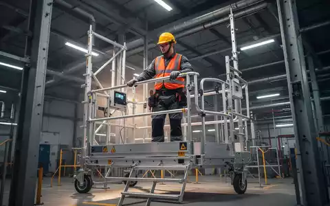 Ein Industriearbeiter in Schutzausrüstung steht sicher auf einem modernen, fahrbaren Gerüst in einer Produktionshalle. - Foto: über boerse-global.de