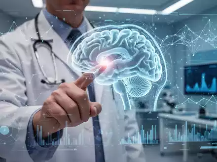 Nahaufnahme der Hand eines Arztes, die auf eine leuchtende holografische Gehirnscan-Anzeige in einem Hightech-Labor zeigt. - Foto: über boerse-global.de