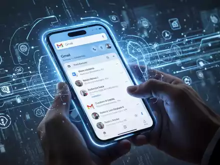 Smartphone-Bildschirm mit futuristischem Gmail-Posteingang und leuchtend blauer KI-Oberfläche, in Händen gehalten. - Foto: über boerse-global.de