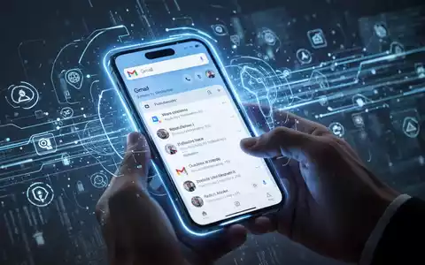 Smartphone-Bildschirm mit futuristischem Gmail-Posteingang und leuchtend blauer KI-Oberfläche, in Händen gehalten. - Foto: über boerse-global.de
