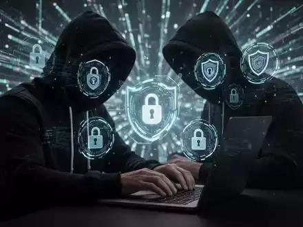 Eine Person im Kapuzenpullover tippt auf einem Laptop, umgeben von schwebenden digitalen Sicherheitssymbolen und Datenströmen. - Foto: über boerse-global.de
