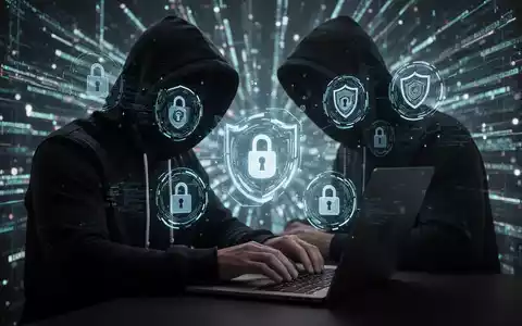 Eine Person im Kapuzenpullover tippt auf einem Laptop, umgeben von schwebenden digitalen Sicherheitssymbolen und Datenströmen. - Foto: über boerse-global.de
