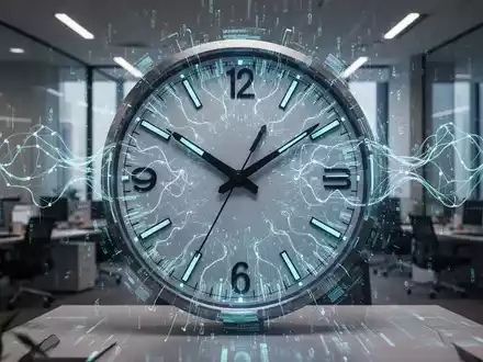 Eine stilisierte Uhr mit digitalen Elementen und neuronalen Netzmustern, die Zeitmanagement und KI-Integration symbolisiert. - Foto: über boerse-global.de