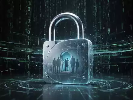 Ein stilisiertes, leuchtendes digitales Vorhängeschloss, umgeben von binärem Code und Datenströmen, symbolisiert digitale Sicherheit und Nachlassplanung. - Foto: über boerse-global.de