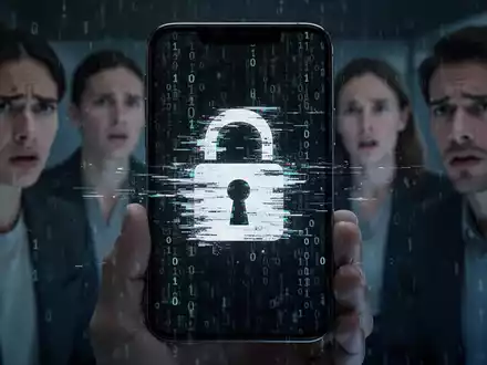 Ein Smartphone-Bildschirm zeigt ein verzerrtes Schlosssymbol und Binärcode, im Hintergrund verschwommene, besorgte Personen. - Foto: über boerse-global.de
