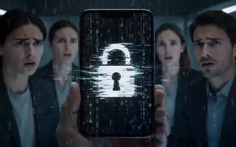 Ein Smartphone-Bildschirm zeigt ein verzerrtes Schlosssymbol und Binärcode, im Hintergrund verschwommene, besorgte Personen. - Foto: über boerse-global.de