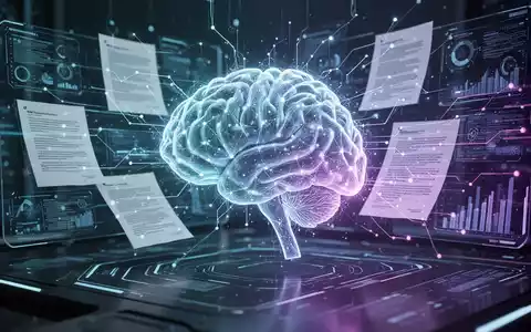 Leuchtendes KI-Gehirn-Symbol verbunden mit digitalen Dokumenten und Datenströmen auf futuristischem Interface. - Foto: über boerse-global.de