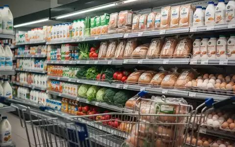 Ein Supermarktgang mit Regalen voller Grundnahrungsmittel wie Milch, Brot, Gemüse und Eier, beleuchtet von warmem Licht. - Foto: über boerse-global.de