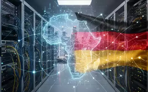 Abstraktes digitales Netzwerk mit leuchtenden Linien, die Rechenzentren, eine Stadtsilhouette und Kontinentalkarten verbinden, symbolisiert globale digitale Transformation. - Foto: über boerse-global.de