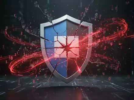 Ein digitales Schild-Symbol, das Microsoft Defender darstellt, zerbirst und rote Datenströme ausstößt, umgeben von wirbelnden Binärcode-Fragmenten. - Foto: über boerse-global.de