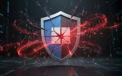 Ein digitales Schild-Symbol, das Microsoft Defender darstellt, zerbirst und rote Datenströme ausstößt, umgeben von wirbelnden Binärcode-Fragmenten. - Foto: über boerse-global.de