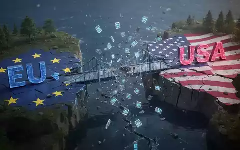 Eine zerbrochene digitale Brücke, die Europa und die USA verbindet, symbolisiert unterbrochene Datentransfers. - Foto: über boerse-global.de