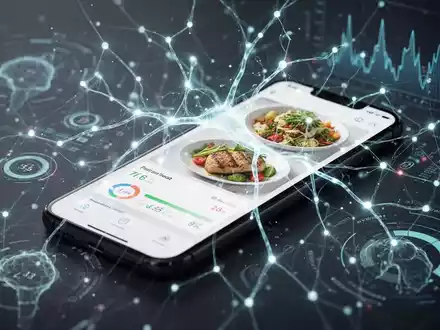 Ein Smartphone-Bildschirm zeigt eine App zur Kalorien- und Gesundheitsverfolgung, umgeben von einem abstrakten, leuchtenden KI-Netzwerk. - Foto: über boerse-global.de