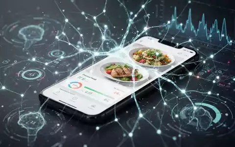 Ein Smartphone-Bildschirm zeigt eine App zur Kalorien- und Gesundheitsverfolgung, umgeben von einem abstrakten, leuchtenden KI-Netzwerk. - Foto: über boerse-global.de