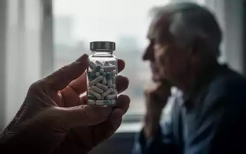 Nahaufnahme einer Hand, die eine Flasche Nahrungsergänzungsmittel hält, mit einer verschwommenen Silhouette einer älteren Person im Hintergrund. - Foto: über boerse-global.de