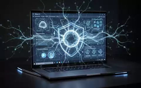 Futuristisches Windows 11-Interface auf einem Laptop mit leuchtenden neuronalen Netzwerken, die lokale KI und Sicherheit symbolisieren. - Foto: über boerse-global.de