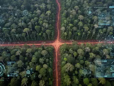 Satellitenbild einer grünen Waldfläche, die eine klare Entwaldungslinie zeigt, mit digitalen Überlagerungen, die Daten und Technologie symbolisieren. - Foto: über boerse-global.de