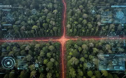 Satellitenbild einer grünen Waldfläche, die eine klare Entwaldungslinie zeigt, mit digitalen Überlagerungen, die Daten und Technologie symbolisieren. - Foto: über boerse-global.de