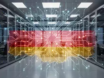 Leuchtendes, abstraktes neuronales Netzdesign mit deutscher Flagge, symbolisiert Deutschlands KI-Taskforce und technologische Ambitionen. - Foto: über boerse-global.de