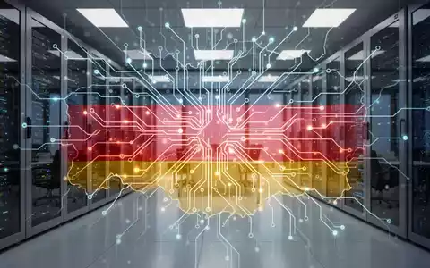 Leuchtendes, abstraktes neuronales Netzdesign mit deutscher Flagge, symbolisiert Deutschlands KI-Taskforce und technologische Ambitionen. - Foto: über boerse-global.de