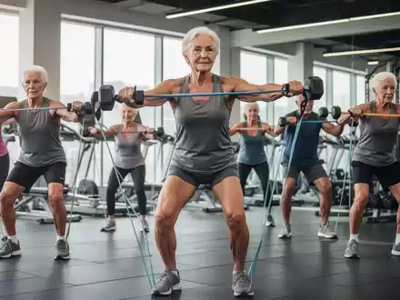 Ältere Erwachsene trainieren mit Hanteln und Widerstandsbändern in einem Fitnessstudio, um die Muskelkraft zu erhalten. - Foto: über boerse-global.de