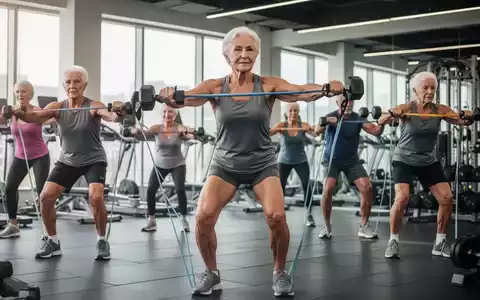Ältere Erwachsene trainieren mit Hanteln und Widerstandsbändern in einem Fitnessstudio, um die Muskelkraft zu erhalten. - Foto: über boerse-global.de